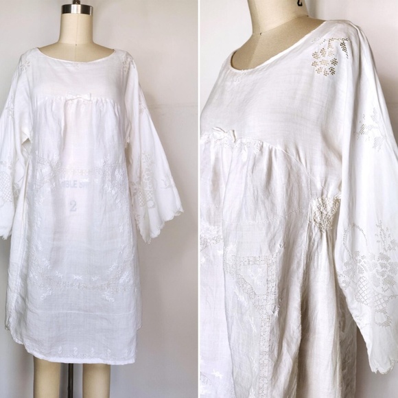 Vintage White Embroidered Eyelet Dress GORGEOUS Embroidery Floral Dress 1900s